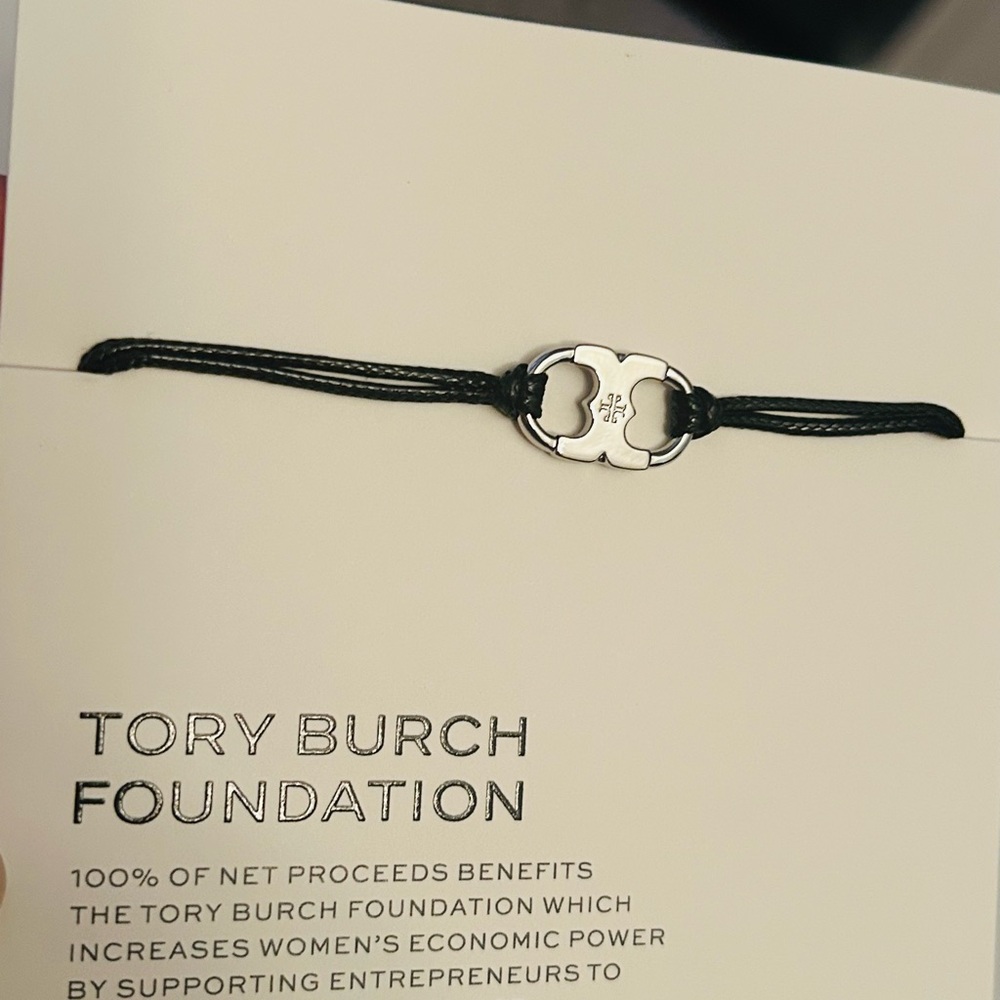 Tory Burch Black Cord Bracelet with Silver Logo Charm - Picture 4 of 6